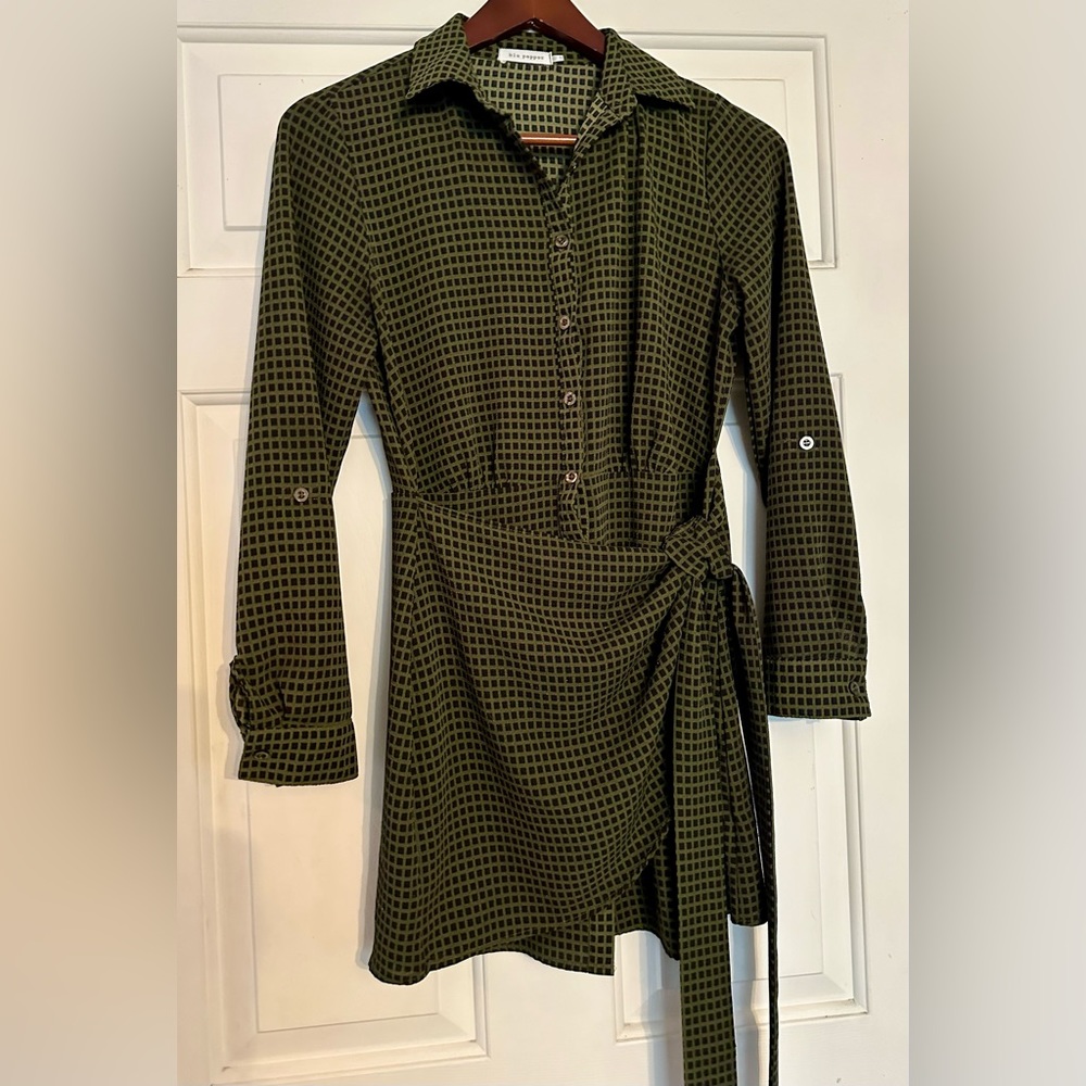 Blu Pepper Wrap Front Buttoned Dress S Mini‎ Long Sleeve Green & Black Check